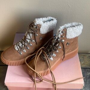 Women’s Tan Suede Sherpa-Lined Lace-Up Boots